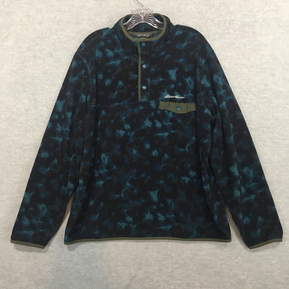 Eddie Bauer Men's XL Fleece Pullover Teal Camouflage Snap Collar Logo Pocket